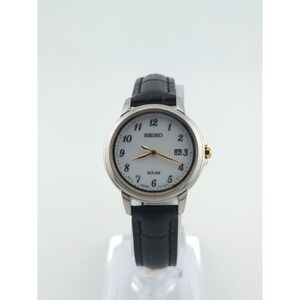 Seiko Solar Ladies Watch Silver Tone V137-0DB0 Black Leather Strap - Working